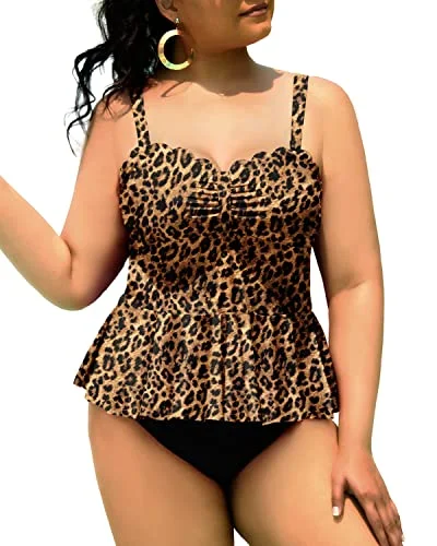 Ruched women swimwear with fabric gathers for a slimming effectWomen Plus Size 2 Piece Tankini Swimsuits Tummy Control Bathing Suits-Black And Leopard Ruched women swimwear with fabric gathers for a slimming effectWomen Plus Size 2 Piece Tankini Swimsuits Tummy Control Bathing Suits-Black And Leopard