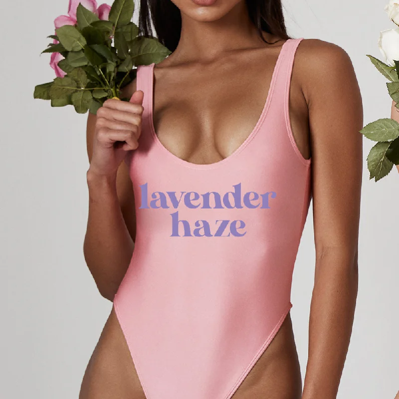Women's Sleeveless One - Pieces in Yellow with Floral Appliques for a Cheerful and Spring - Like LookLAVENDER HAZE [SWIMSUIT]