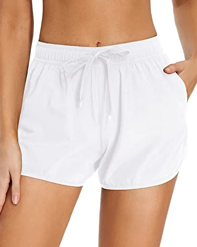 High - waisted women swimwear for a retro and flattering lookElastic Waistband Drawstring Swim Shorts Pockets For Teen Girls-White High - waisted women swimwear for a retro and flattering lookElastic Waistband Drawstring Swim Shorts Pockets For Teen Girls-White