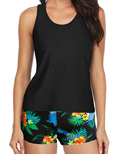 High - waisted women swimwear for a retro and flattering lookModest Tankini Set Boyshort For Women-Black Pineapple High - waisted women swimwear for a retro and flattering lookModest Tankini Set Boyshort For Women-Black Pineapple
