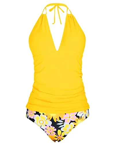 Long - sleeve women swimwear for extra sun protection and modestyRuched Bathing Suit Plunge Deep V Neck Two Piece Tankini-Yellow Flowers Long - sleeve women swimwear for extra sun protection and modestyRuched Bathing Suit Plunge Deep V Neck Two Piece Tankini-Yellow Flowers
