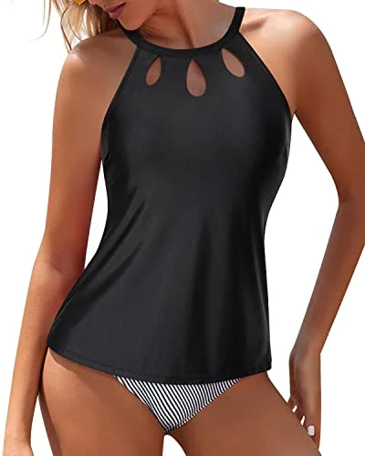 Tropical - print women swimwear for a vacation - ready beach styleHigh Waisted & Keyhole Design Two Piece Tankini Bathing Suit-Black Stripe Tropical - print women swimwear for a vacation - ready beach styleHigh Waisted & Keyhole Design Two Piece Tankini Bathing Suit-Black Stripe