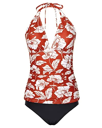 Striped women swimwear with a classic pattern for a timeless beach lookTummy Control Halter Tankini Swimsuits Bikini Bottom For Women-Red Floral Striped women swimwear with a classic pattern for a timeless beach lookTummy Control Halter Tankini Swimsuits Bikini Bottom For Women-Red Floral
