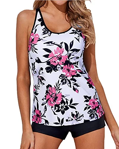 Sustainable women swimwear made from recycled materials for eco - conscious beachgoersStrappy Back Tankini Bathing Suits Boy Shorts For Women-White Floral Sustainable women swimwear made from recycled materials for eco - conscious beachgoersStrappy Back Tankini Bathing Suits Boy Shorts For Women-White Floral