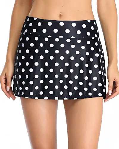 Metallic women swimwear with a shiny finish for a glamorous poolside lookMid Waist Elastic Waist Swim Skirt Bottoms For Women-Black Dot Metallic women swimwear with a shiny finish for a glamorous poolside lookMid Waist Elastic Waist Swim Skirt Bottoms For Women-Black Dot
