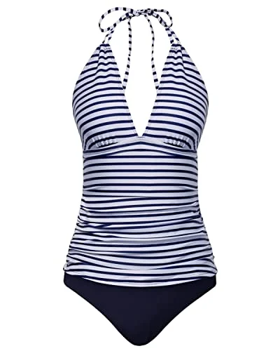 One - piece women swimwear with cut - outs for a stylish and modern appealHalter V Neck Tankini Set Bikini Bottom Tummy Control Bathing Suits-Blue White Stripe One - piece women swimwear with cut - outs for a stylish and modern appealHalter V Neck Tankini Set Bikini Bottom Tummy Control Bathing Suits-Blue White Stripe
