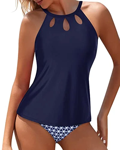 Tropical - print women swimwear for a vacation - ready beach styleBackless Halter Top & Modest Bottom Tummy Control Two Piece Tankini-Navy Blue Tribal Tropical - print women swimwear for a vacation - ready beach styleBackless Halter Top & Modest Bottom Tummy Control Two Piece Tankini-Navy Blue Tribal