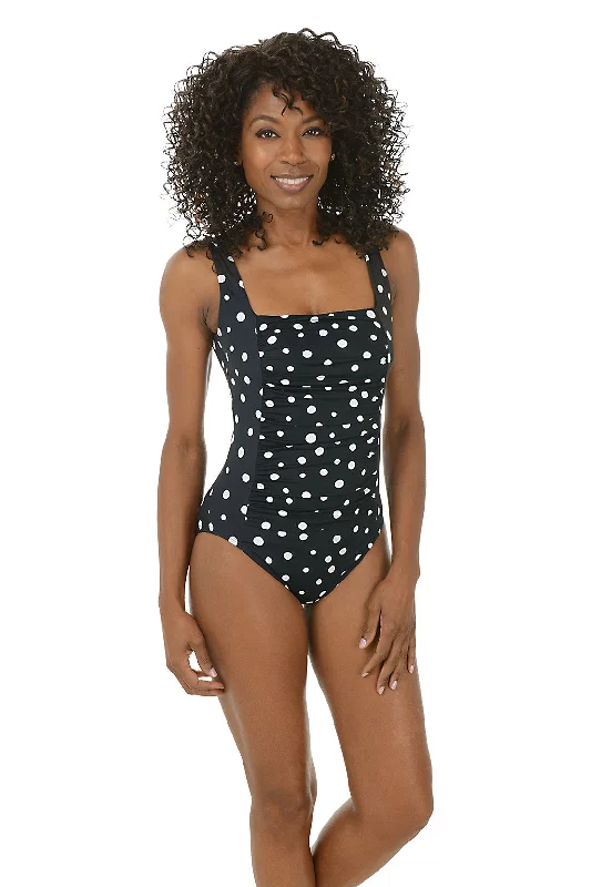 Women's Long - Length One - Pieces in Gray with Asymmetric Hem for a Contemporary and Fashionable LookVintage Dots Square Neck Princess Seam Swimsuit Women's Long - Length One - Pieces in Gray with Asymmetric Hem for a Contemporary and Fashionable LookVintage Dots Square Neck Princess Seam Swimsuit