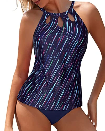 Long - sleeve women swimwear for extra sun protection and modestyKeyhole Tank Top & High Waist Bottom Two Piece Tankini Swim Suit-Navy Blue Long - sleeve women swimwear for extra sun protection and modestyKeyhole Tank Top & High Waist Bottom Two Piece Tankini Swim Suit-Navy Blue