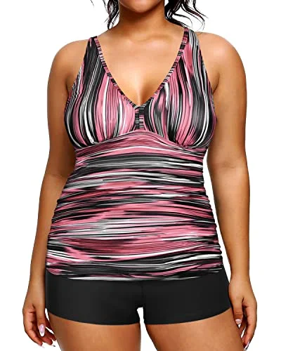 Long - sleeve women swimwear for extra sun protection and modestyTwo Piece Plus Size Tankini Swimsuits Shorts Tummy Control Bathing Suits-Pink Stripe Long - sleeve women swimwear for extra sun protection and modestyTwo Piece Plus Size Tankini Swimsuits Shorts Tummy Control Bathing Suits-Pink Stripe