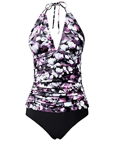 Neon - colored women swimwear to stand out on the beachHalter Tankini Swimsuits V Neck And Bikini Bottom Two Piece Tankini-Purple Flower Neon - colored women swimwear to stand out on the beachHalter Tankini Swimsuits V Neck And Bikini Bottom Two Piece Tankini-Purple Flower