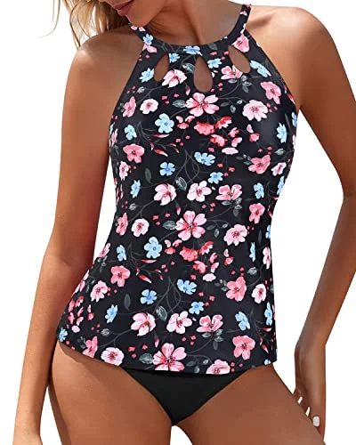 High - waisted women swimwear for a retro and flattering lookLong Torso Friendly High Waisted Tankini Set For Women-Black And Pink Floral High - waisted women swimwear for a retro and flattering lookLong Torso Friendly High Waisted Tankini Set For Women-Black And Pink Floral