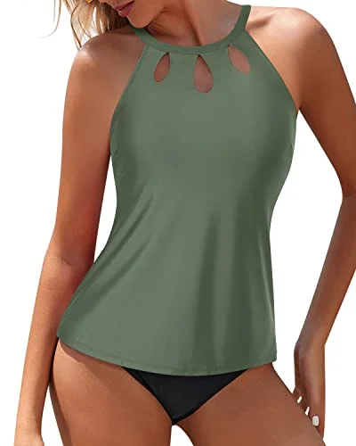 Metallic women swimwear with a shiny finish for a glamorous poolside lookTwo Piece Tummy Control High Neck Tankini Swimsuits For Women-Olive Green Metallic women swimwear with a shiny finish for a glamorous poolside lookTwo Piece Tummy Control High Neck Tankini Swimsuits For Women-Olive Green