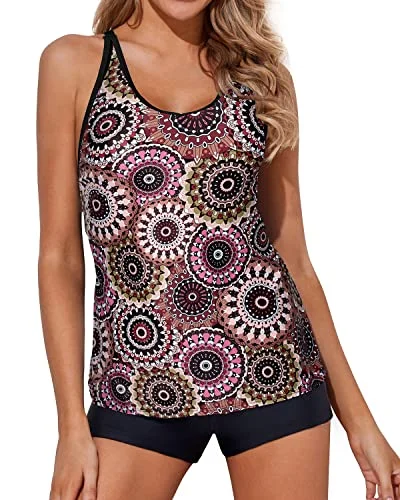 Long - sleeve women swimwear for extra sun protection and modestyTummy Control Tankini Swimwear Shorts For Women-Brown Print Long - sleeve women swimwear for extra sun protection and modestyTummy Control Tankini Swimwear Shorts For Women-Brown Print