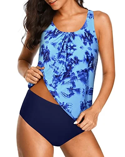 Sports women swimwear for high - intensity water activities like swimming lapsRemovable Padded U Neck Tankini Swimwear For Women-Blue Tie Dye Sports women swimwear for high - intensity water activities like swimming lapsRemovable Padded U Neck Tankini Swimwear For Women-Blue Tie Dye