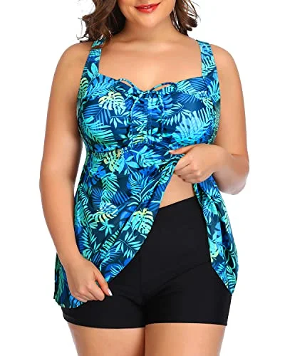 Plus - size women swimwear with full - coverage bottoms for comfort and confidenceAdjustable Shoulder Straps Bathing Suits Tankini Swimsuits Shorts-Blue Leaves Plus - size women swimwear with full - coverage bottoms for comfort and confidenceAdjustable Shoulder Straps Bathing Suits Tankini Swimsuits Shorts-Blue Leaves