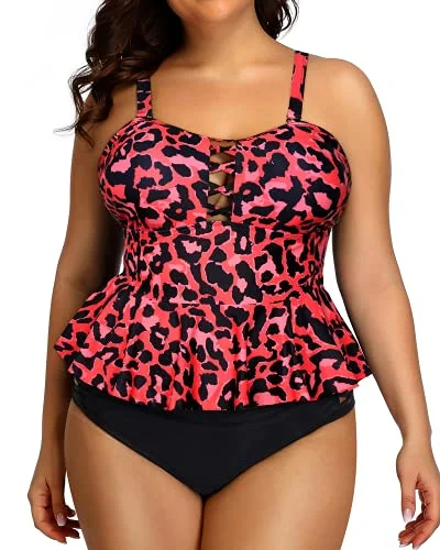 Bikini women swimwear with adjustable straps for a customized fitLace Up Women's Plus Size Swimsuits Peplum Tankini Tops-Red Leopard Bikini women swimwear with adjustable straps for a customized fitLace Up Women's Plus Size Swimsuits Peplum Tankini Tops-Red Leopard