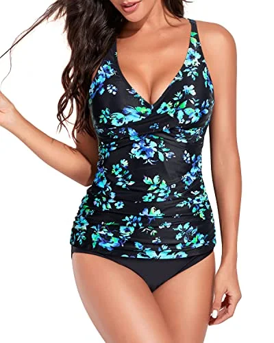 Sustainable women swimwear made from recycled materials for eco - conscious beachgoersFront Ruched Tummy Control Tankini Swimsuits For Women-Black Blue Floral Sustainable women swimwear made from recycled materials for eco - conscious beachgoersFront Ruched Tummy Control Tankini Swimsuits For Women-Black Blue Floral