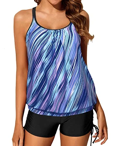 Convertible women swimwear that can be worn in multiple styles for versatilitySlimming Criss Cross Back Blouson Tankini Swimsuits Boy Shorts-Blue And Black Stripe Convertible women swimwear that can be worn in multiple styles for versatilitySlimming Criss Cross Back Blouson Tankini Swimsuits Boy Shorts-Blue And Black Stripe