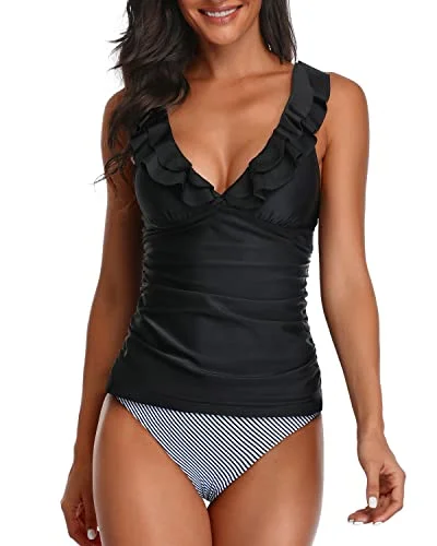 Bikini women swimwear with adjustable straps for a customized fitDeep V Neck Ruffle Tankini Swimsuits For Women-Black Stripe Bikini women swimwear with adjustable straps for a customized fitDeep V Neck Ruffle Tankini Swimsuits For Women-Black Stripe