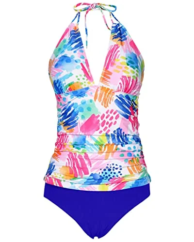 Bikini women swimwear with adjustable straps for a customized fitV Neck Halter Tankini Swimsuits Bikini Bottom Tummy Control Bathing Suits-Colorful Bikini women swimwear with adjustable straps for a customized fitV Neck Halter Tankini Swimsuits Bikini Bottom Tummy Control Bathing Suits-Colorful
