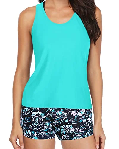 Convertible women swimwear that can be worn in multiple styles for versatilityFashionable Tankini Set Boy Shorts For Women-Blue Flower On Black Convertible women swimwear that can be worn in multiple styles for versatilityFashionable Tankini Set Boy Shorts For Women-Blue Flower On Black
