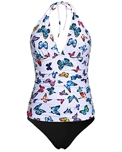 Ruched women swimwear with fabric gathers for a slimming effectOpen Back Tropical Style Tankini Swimsuits Bikini Bottom For Women-White Butterfly Ruched women swimwear with fabric gathers for a slimming effectOpen Back Tropical Style Tankini Swimsuits Bikini Bottom For Women-White Butterfly