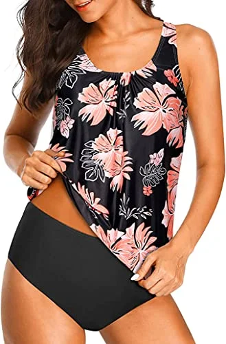 Tropical - print women swimwear for a vacation - ready beach styleWomen's Casual Athletic Tankini Sets Triangle Briefs-Black Orange Floral Tropical - print women swimwear for a vacation - ready beach styleWomen's Casual Athletic Tankini Sets Triangle Briefs-Black Orange Floral