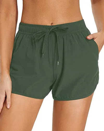 Rash - guard women swimwear for sun protection during water sportsSporty Boardshorts Pockets Swim Shorts For Women-Olive Green Rash - guard women swimwear for sun protection during water sportsSporty Boardshorts Pockets Swim Shorts For Women-Olive Green