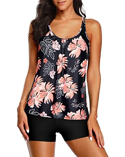 Metallic women swimwear with a shiny finish for a glamorous poolside lookDouble Up Tankini Top Boy Shorts Tankini Swimsuits For Women-Black And Orange Floral Metallic women swimwear with a shiny finish for a glamorous poolside lookDouble Up Tankini Top Boy Shorts Tankini Swimsuits For Women-Black And Orange Floral