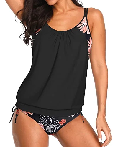Neon - colored women swimwear to stand out on the beach2 Piece Tankini Set Blouson Swim Tops And Bikini Bottoms-Black Floral Neon - colored women swimwear to stand out on the beach2 Piece Tankini Set Blouson Swim Tops And Bikini Bottoms-Black Floral
