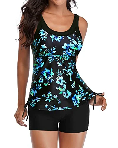 Tropical - print women swimwear for a vacation - ready beach styleVolleyball Sport Tankini Swimsuits Shorts Slimming Swimwear-Black Blue Floral Tropical - print women swimwear for a vacation - ready beach styleVolleyball Sport Tankini Swimsuits Shorts Slimming Swimwear-Black Blue Floral