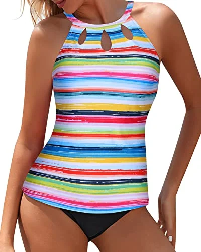 Printed floral women swimwear for a feminine and colorful beach vibeLaides Keyhole Design Tankini 2 Piece High Neck Bathing Suit-Striped And Black Printed floral women swimwear for a feminine and colorful beach vibeLaides Keyhole Design Tankini 2 Piece High Neck Bathing Suit-Striped And Black