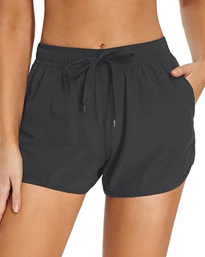 Ruched women swimwear with fabric gathers for a slimming effectAthletic Women's Swim Shorts Pockets Drawstring Swim Bottom Trunks-Grey Ruched women swimwear with fabric gathers for a slimming effectAthletic Women's Swim Shorts Pockets Drawstring Swim Bottom Trunks-Grey