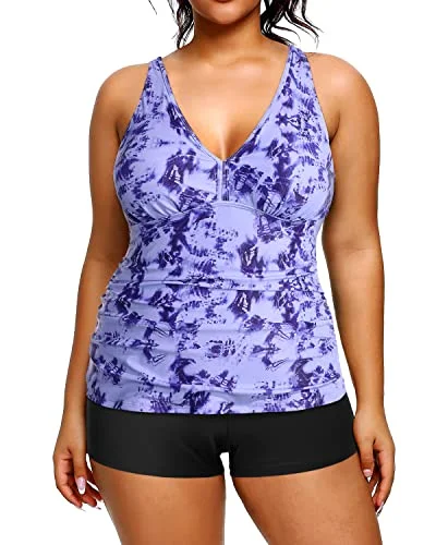 Rash - guard women swimwear for sun protection during water sportsRuched Plus Size Tankini Two Piece Swimsuits Shorts For Women-Blue Tie Dye Rash - guard women swimwear for sun protection during water sportsRuched Plus Size Tankini Two Piece Swimsuits Shorts For Women-Blue Tie Dye