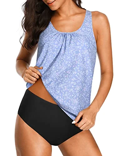 Tropical - print women swimwear for a vacation - ready beach styleWireless And Removable Sports Bra Tankini Swimsuits For Women-Blue Floral Tropical - print women swimwear for a vacation - ready beach styleWireless And Removable Sports Bra Tankini Swimsuits For Women-Blue Floral