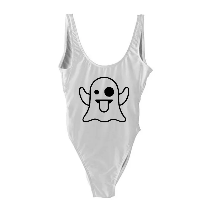 Women's Long - Length One - Pieces in Gray with Asymmetric Hem for a Contemporary and Fashionable LookGhost Emoji Costume [SWIMSUIT]