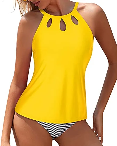 One - piece women swimwear with cut - outs for a stylish and modern appealTummy Control High Waisted Halter Tankini Swimsuits For Women-Yellow Stripe One - piece women swimwear with cut - outs for a stylish and modern appealTummy Control High Waisted Halter Tankini Swimsuits For Women-Yellow Stripe