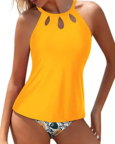 High - performance women swimwear with quick - drying fabric for active swimmersHalter Backless Tankini Modest Tummy Control Bottom-Yellow Floral High - performance women swimwear with quick - drying fabric for active swimmersHalter Backless Tankini Modest Tummy Control Bottom-Yellow Floral