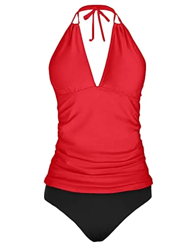 Push - up women swimwear to enhance the bust for a more confident beach lookBackless V Neck Tankini Tops Bikini Bottom Tummy Control-Neon Red Push - up women swimwear to enhance the bust for a more confident beach lookBackless V Neck Tankini Tops Bikini Bottom Tummy Control-Neon Red