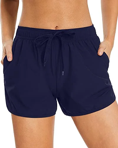 High - waisted women swimwear for a retro and flattering lookAthletic Elastic Waistband Adjustable Drawstring Swim Shorts For Women-Navy Blue High - waisted women swimwear for a retro and flattering lookAthletic Elastic Waistband Adjustable Drawstring Swim Shorts For Women-Navy Blue