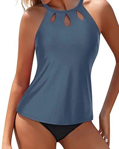 Striped women swimwear with a classic pattern for a timeless beach lookModest And Trendy High Neck Tankini Set For Long Torsos-Grey Striped women swimwear with a classic pattern for a timeless beach lookModest And Trendy High Neck Tankini Set For Long Torsos-Grey