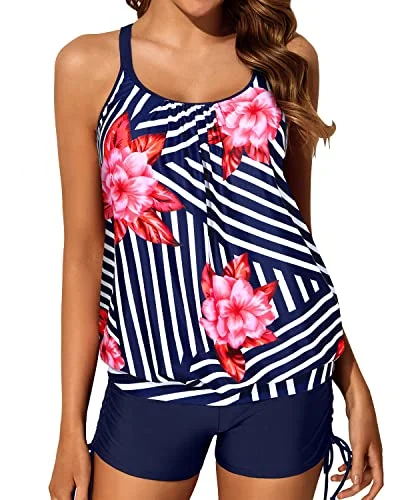 Long - sleeve women swimwear for extra sun protection and modestyFull Coverage Drawstring Boyleg Bottom Womens Blouson Tankini Swimsuits-Blue Floral Long - sleeve women swimwear for extra sun protection and modestyFull Coverage Drawstring Boyleg Bottom Womens Blouson Tankini Swimsuits-Blue Floral