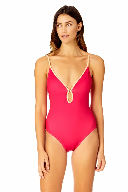 Plus Size Women's Button - Down One - Pieces in Light Blue for a Casual and Comfortable Day OutWomen's Solid Piped Keyhole One Piece Swimsuit Plus Size Women's Button - Down One - Pieces in Light Blue for a Casual and Comfortable Day OutWomen's Solid Piped Keyhole One Piece Swimsuit