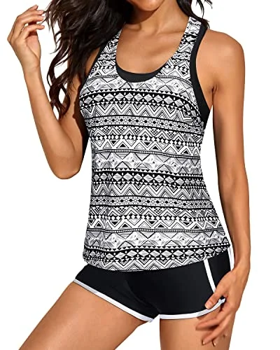 Printed floral women swimwear for a feminine and colorful beach vibeFlattering U-Neck Tankini Tops Sports Bra And Boyshorts Swim Shorts-Black Stripe Printed floral women swimwear for a feminine and colorful beach vibeFlattering U-Neck Tankini Tops Sports Bra And Boyshorts Swim Shorts-Black Stripe