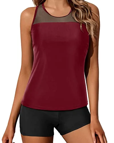 Long - sleeve women swimwear for extra sun protection and modestySporty Two-Piece Tankini Swimsuit Boyleg Bottoms For Women's Swimwear-Maroon Long - sleeve women swimwear for extra sun protection and modestySporty Two-Piece Tankini Swimsuit Boyleg Bottoms For Women's Swimwear-Maroon