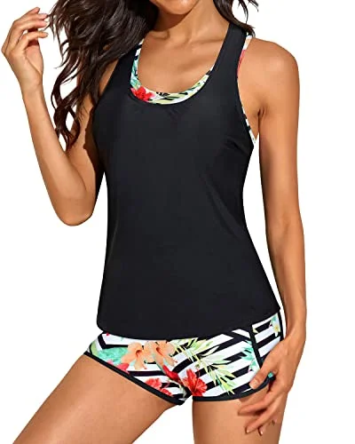 Plus - size women swimwear with full - coverage bottoms for comfort and confidenceFlattering Open Back Tankinis Swimwear For Women Tank Tops-Black Floral Plus - size women swimwear with full - coverage bottoms for comfort and confidenceFlattering Open Back Tankinis Swimwear For Women Tank Tops-Black Floral