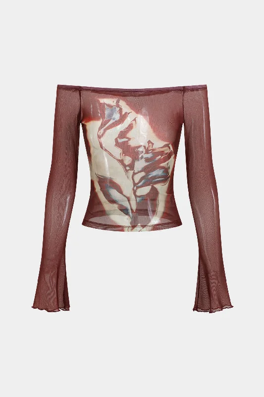 Floral Printed Women Long Sleeve Top for a Romantic LookFloral Printed Women Long Sleeve Top for a Romantic LookFloral Print Mesh Off-Shoulder Long Sleeve Top