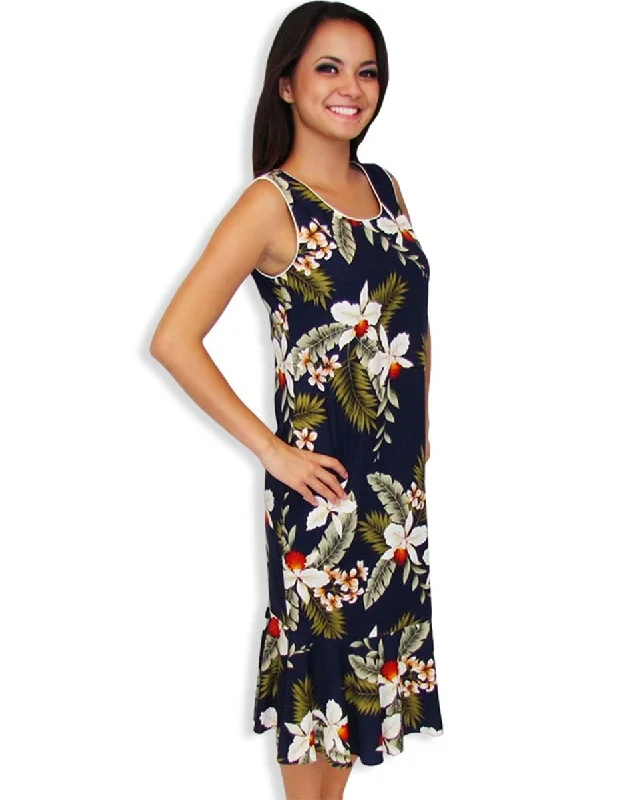Midi dresses with button - front designs for a classic touch Hawaiian Tank Sleeveless Navy Dress Mid Length Hanapepe Midi dresses with button - front designs for a classic touch Hawaiian Tank Sleeveless Navy Dress Mid Length Hanapepe
