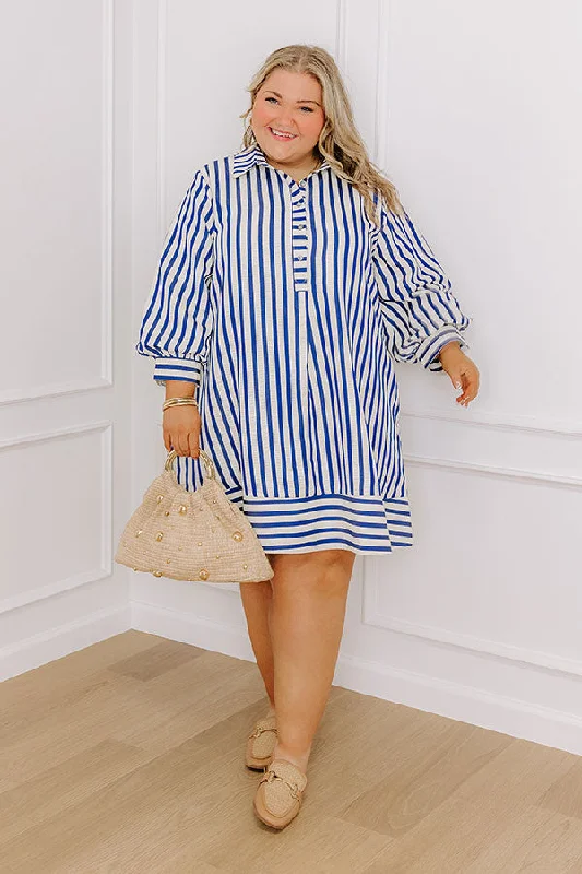 Maternity dress for a baby's first haircut Charleston Charm Stripe Mini Dress in Sapphire Curves